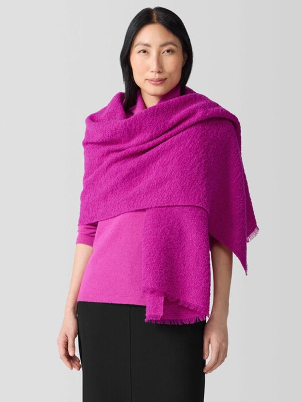Eileen Fisher Scarf Wrap Fluffy Boucle Women’s Fuchsia Fringe Wool Alpaca Poly